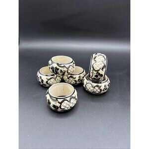 Vintage Russian Wood Hand Painted Black & Cream Color Napkin Rings Set of 6